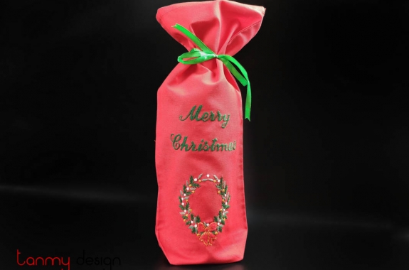 Christmas wine bottle cover-hand embroidered holly
